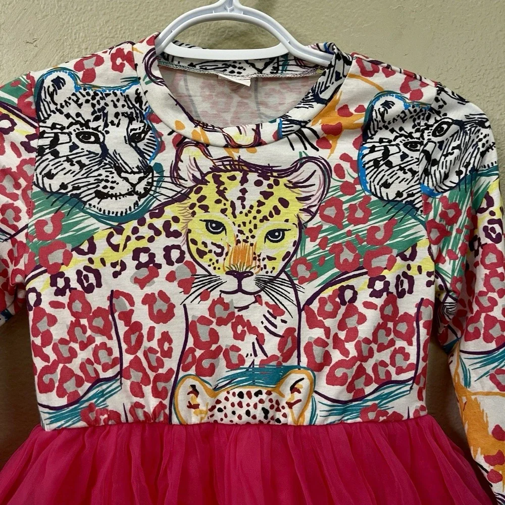 Girl's Leopard Tutu Dress Cat Face Graphic‎ Hot Pink Multi Long Sleeve Size 7